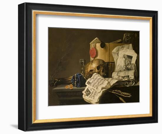 Vanitas Still Life with Skull, Papers, A Wax Seal and a Burning Log-N. L. Peschier-Framed Giclee Print