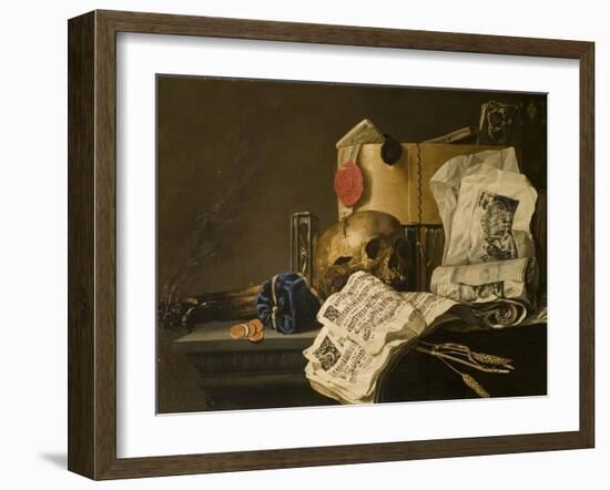 Vanitas Still Life with Skull, Papers, A Wax Seal and a Burning Log-N. L. Peschier-Framed Giclee Print