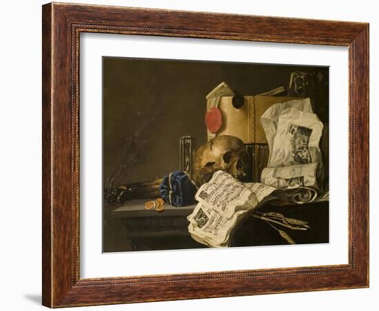 Vanitas Still Life with Skull, Papers, A Wax Seal and a Burning Log-N. L. Peschier-Framed Giclee Print