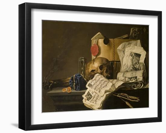 Vanitas Still Life with Skull, Papers, A Wax Seal and a Burning Log-N. L. Peschier-Framed Giclee Print