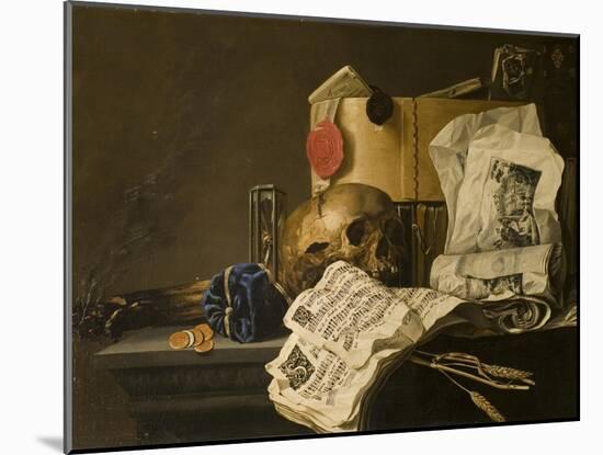 Vanitas Still Life with Skull, Papers, A Wax Seal and a Burning Log-N. L. Peschier-Mounted Giclee Print