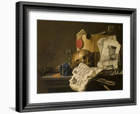 Vanitas Still Life with Skull, Papers, A Wax Seal and a Burning Log-N. L. Peschier-Framed Giclee Print