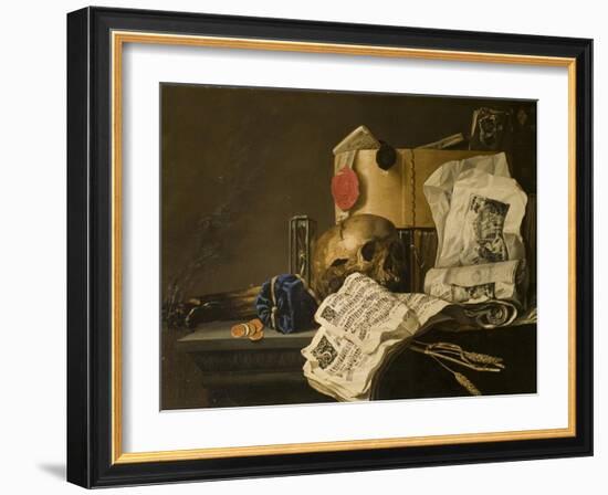 Vanitas Still Life with Skull, Papers, A Wax Seal and a Burning Log-N. L. Peschier-Framed Giclee Print