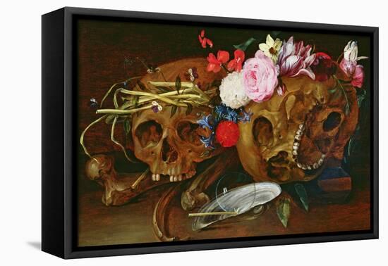 Vanitas Still Life with Skulls, Flowers, a Pearl Mussel Shell, a Bubble and Straw-Nicolaes van Veerendael-Framed Premier Image Canvas
