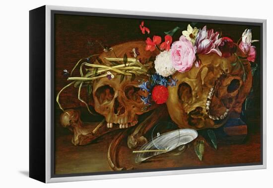Vanitas Still Life with Skulls, Flowers, a Pearl Mussel Shell, a Bubble and Straw-Nicolaes van Veerendael-Framed Premier Image Canvas