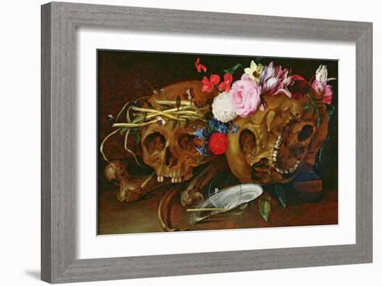 Vanitas Still Life with Skulls, Flowers, a Pearl Mussel Shell, a Bubble and Straw-Nicolaes van Veerendael-Framed Giclee Print