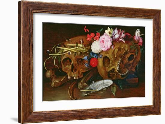 Vanitas Still Life with Skulls, Flowers, a Pearl Mussel Shell, a Bubble and Straw-Nicolaes van Veerendael-Framed Giclee Print