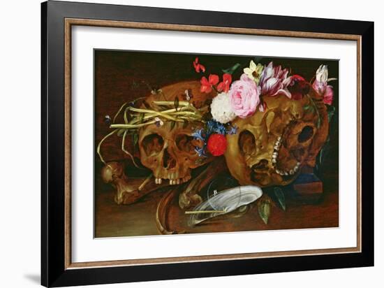 Vanitas Still Life with Skulls, Flowers, a Pearl Mussel Shell, a Bubble and Straw-Nicolaes van Veerendael-Framed Giclee Print