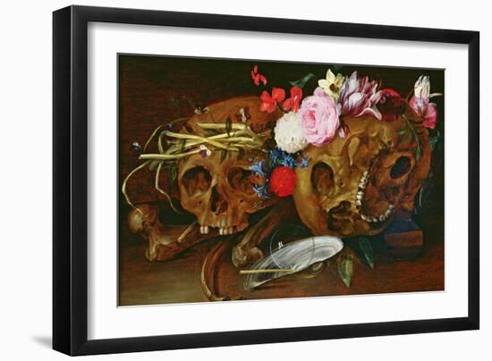 Vanitas Still Life with Skulls, Flowers, a Pearl Mussel Shell, a Bubble and Straw-Nicolaes van Veerendael-Framed Giclee Print