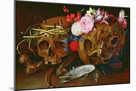 Vanitas Still Life with Skulls, Flowers, a Pearl Mussel Shell, a Bubble and Straw-Nicolaes van Veerendael-Mounted Giclee Print