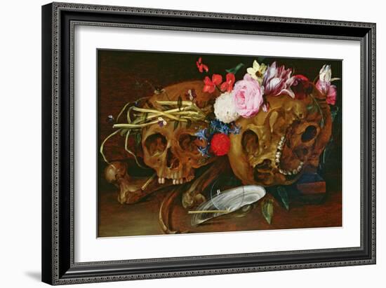 Vanitas Still Life with Skulls, Flowers, a Pearl Mussel Shell, a Bubble and Straw-Nicolaes van Veerendael-Framed Giclee Print