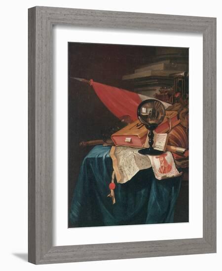 Vanitas Still Life with the Artist at His Easel Reflected in a Crystal Ball-Vincent Laurensz van der Vinne-Framed Giclee Print