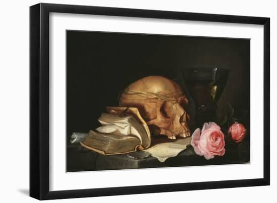 Vanite, Nature Morte Avec Un Crane, Un Livre Et Des Roses - Vanitas Still Life with a Skull, a Book-Jan Davidsz de Heem-Framed Giclee Print