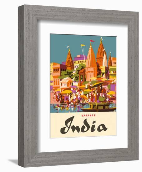 Varanasi India, Ganges River, (Banares, Banaras, Kashi) in Uttar Pradesh, Manikarnika Burning Ghat-Charles Baskerville-Framed Art Print