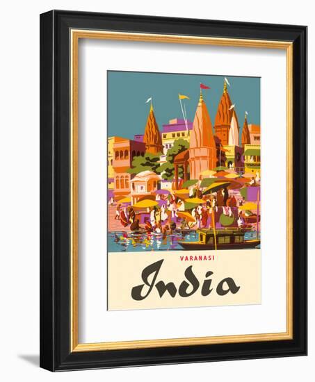 Varanasi India, Ganges River, (Banares, Banaras, Kashi) in Uttar Pradesh, Manikarnika Burning Ghat-Charles Baskerville-Framed Art Print