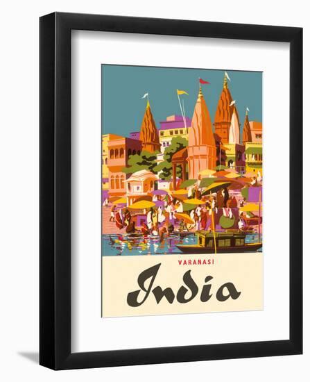 Varanasi India, Ganges River, (Banares, Banaras, Kashi) in Uttar Pradesh, Manikarnika Burning Ghat-Charles Baskerville-Framed Art Print