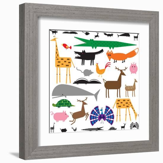 Variety of Stylized Animals in Color and Black and White-Adrian Sawvel-Framed Art Print