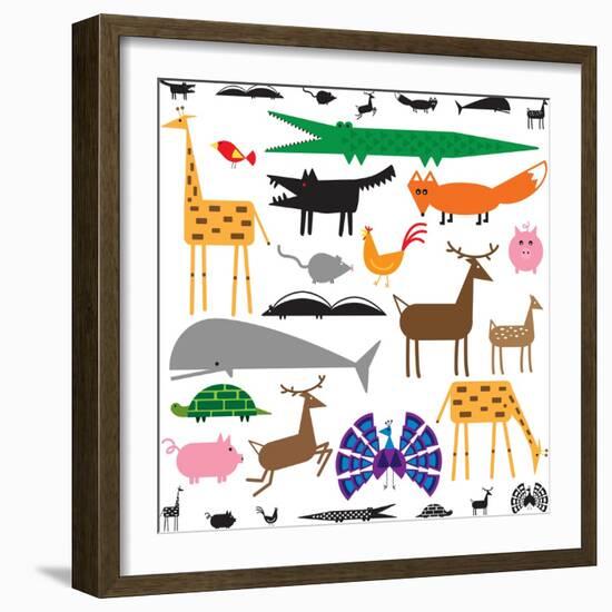 Variety of Stylized Animals in Color and Black and White-Adrian Sawvel-Framed Premium Giclee Print