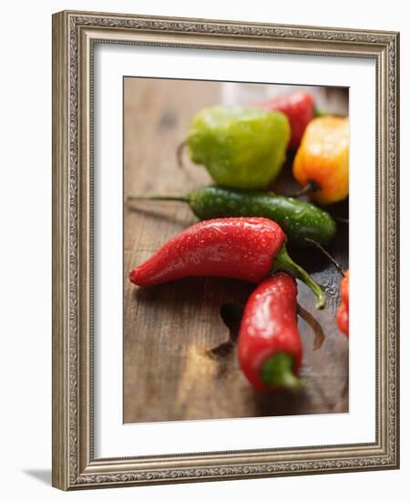 Various Chili Peppers with Drops of Water-null-Framed Photographic Print
