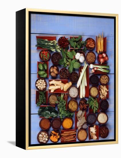 Various Exotic Herbs and Spices in Bowls-Alberto Cassio-Framed Premier Image Canvas