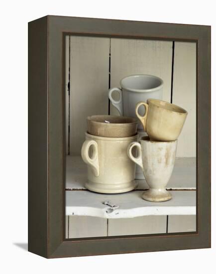 Various Light Coloured Cups on Wooden Shelf-Ellen Silverman-Framed Premier Image Canvas