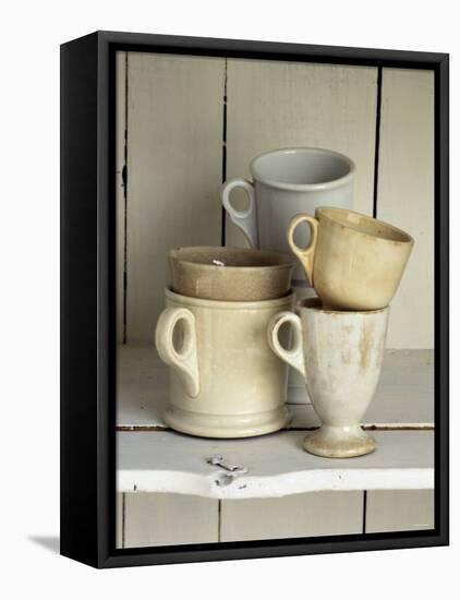 Various Light Coloured Cups on Wooden Shelf-Ellen Silverman-Framed Premier Image Canvas