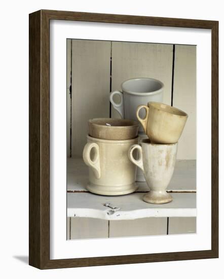 Various Light Coloured Cups on Wooden Shelf-Ellen Silverman-Framed Photographic Print