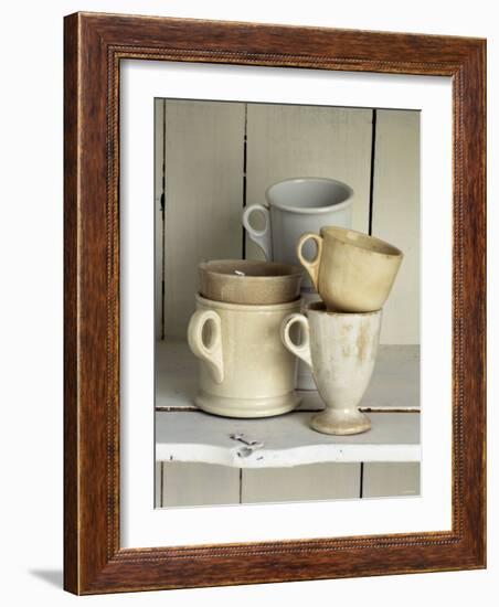 Various Light Coloured Cups on Wooden Shelf-Ellen Silverman-Framed Photographic Print