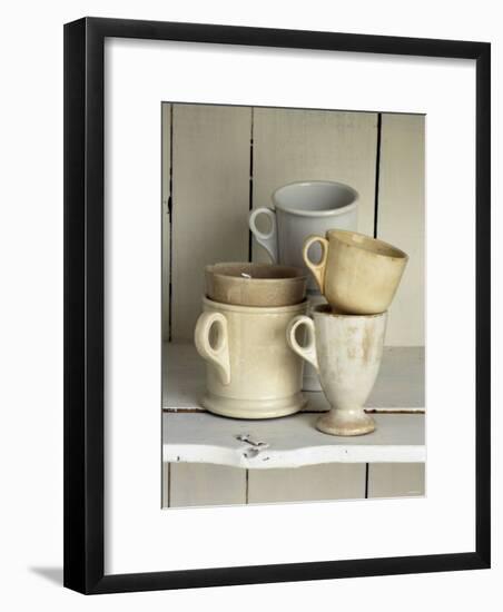 Various Light Coloured Cups on Wooden Shelf-Ellen Silverman-Framed Photographic Print