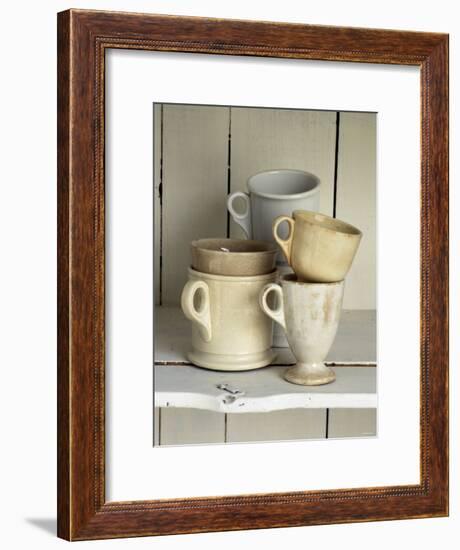 Various Light Coloured Cups on Wooden Shelf-Ellen Silverman-Framed Photographic Print