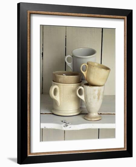 Various Light Coloured Cups on Wooden Shelf-Ellen Silverman-Framed Photographic Print