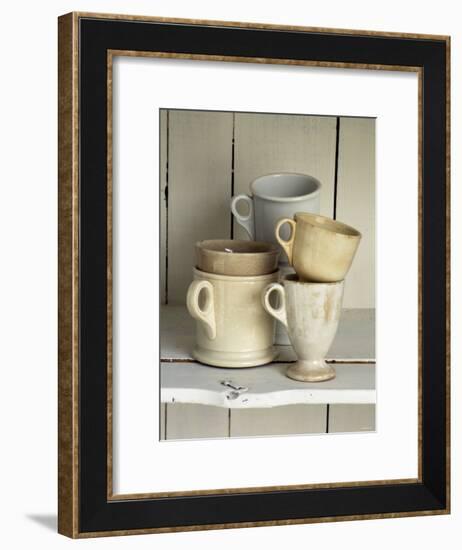 Various Light Coloured Cups on Wooden Shelf-Ellen Silverman-Framed Photographic Print