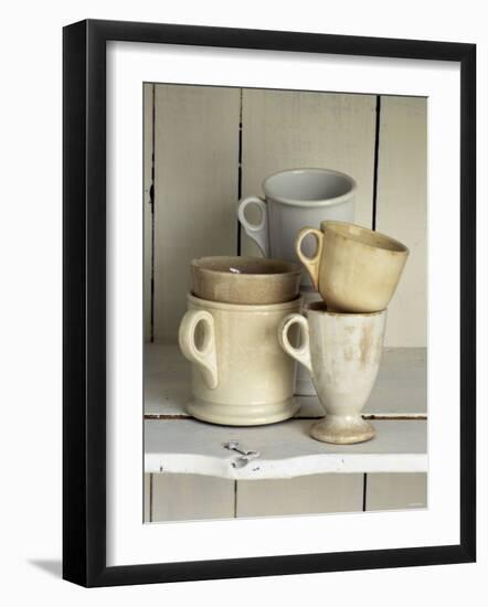Various Light Coloured Cups on Wooden Shelf-Ellen Silverman-Framed Photographic Print