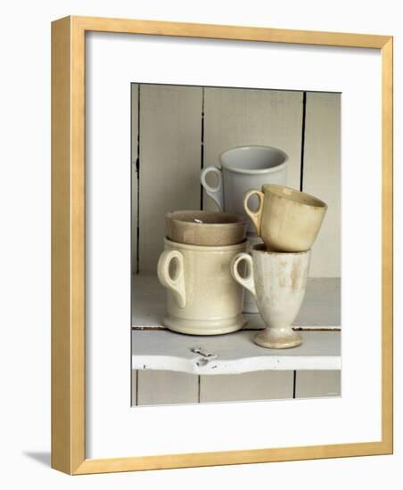 Various Light Coloured Cups on Wooden Shelf-Ellen Silverman-Framed Photographic Print