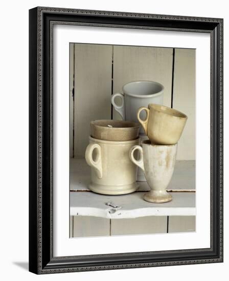 Various Light Coloured Cups on Wooden Shelf-Ellen Silverman-Framed Photographic Print