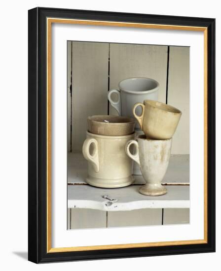 Various Light Coloured Cups on Wooden Shelf-Ellen Silverman-Framed Photographic Print