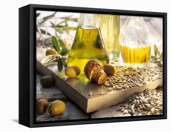 Various Oils in Carafes, Olives, Sunflower Seeds-Peter Rees-Framed Premier Image Canvas