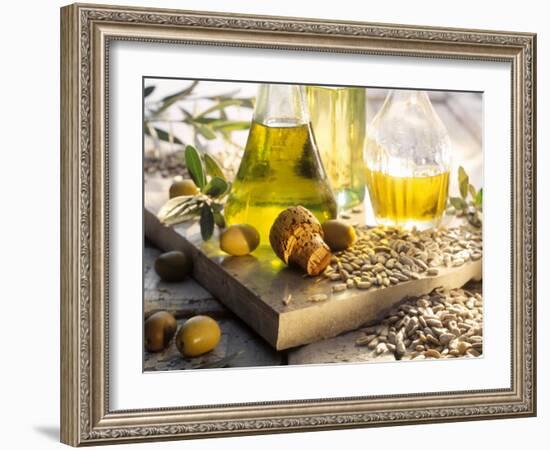 Various Oils in Carafes, Olives, Sunflower Seeds-Peter Rees-Framed Photographic Print