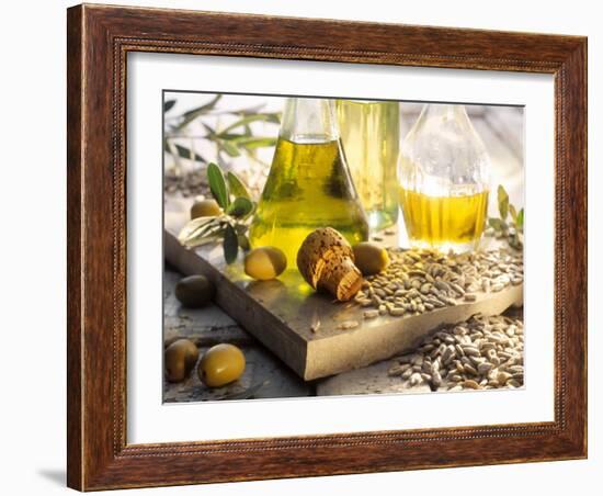 Various Oils in Carafes, Olives, Sunflower Seeds-Peter Rees-Framed Photographic Print