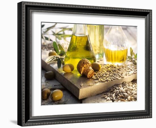 Various Oils in Carafes, Olives, Sunflower Seeds-Peter Rees-Framed Photographic Print