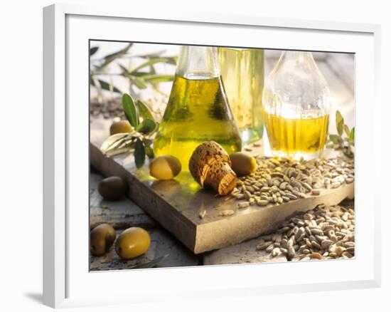 Various Oils in Carafes, Olives, Sunflower Seeds-Peter Rees-Framed Photographic Print