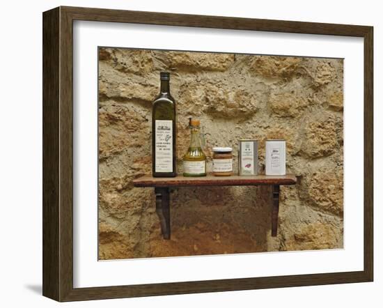 Various olive oil containers, Monteriggioni, Tuscany, Italy-Adam Jones-Framed Photographic Print