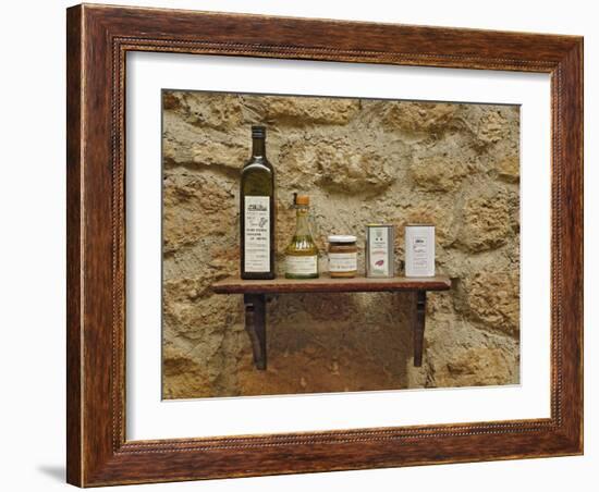 Various olive oil containers, Monteriggioni, Tuscany, Italy-Adam Jones-Framed Photographic Print