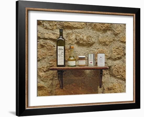 Various olive oil containers, Monteriggioni, Tuscany, Italy-Adam Jones-Framed Photographic Print