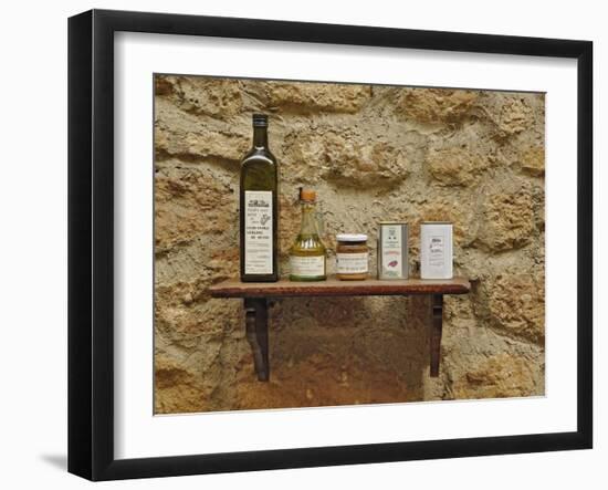 Various olive oil containers, Monteriggioni, Tuscany, Italy-Adam Jones-Framed Photographic Print