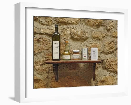 Various olive oil containers, Monteriggioni, Tuscany, Italy-Adam Jones-Framed Photographic Print