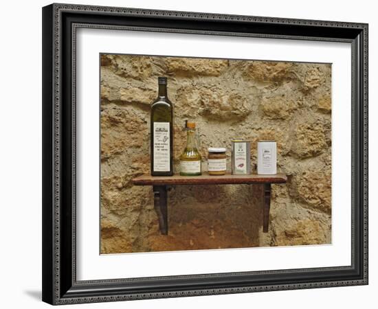 Various olive oil containers, Monteriggioni, Tuscany, Italy-Adam Jones-Framed Photographic Print