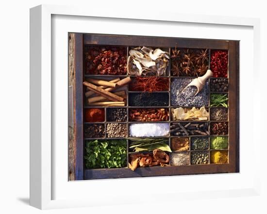 Various Spices in a Type Case-Oliver Brachat-Framed Photographic Print