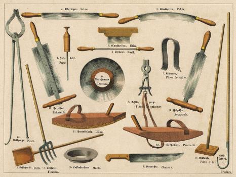 Various Tools Used in Tannery and Leather Making, Including a Knife,  Pincers and a Hook' Art Print
