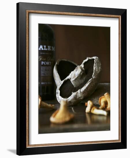 Various Types of Mushrooms in Front of Port Wine Bottle-Henrik Freek-Framed Photographic Print